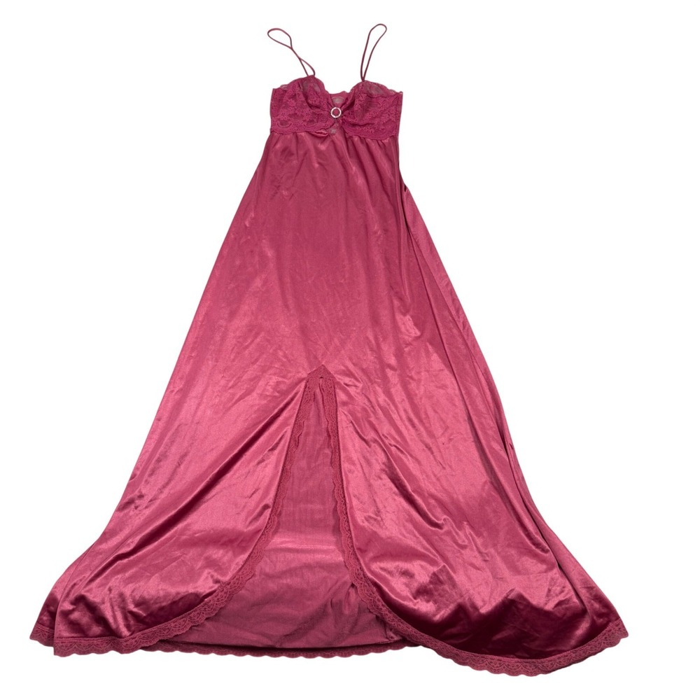 Vintage 70s Formfit Rogers Magenta Pink Satin Lace Maxi Coquette Nightgown Small